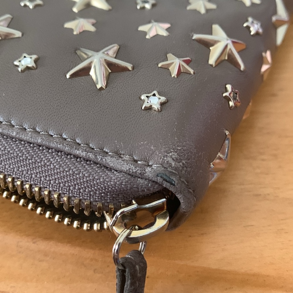 Jimmy Choo Star & Crystal Studded Greige Zip Around Leather Wallet Gray Beige - Picture 9 of 16